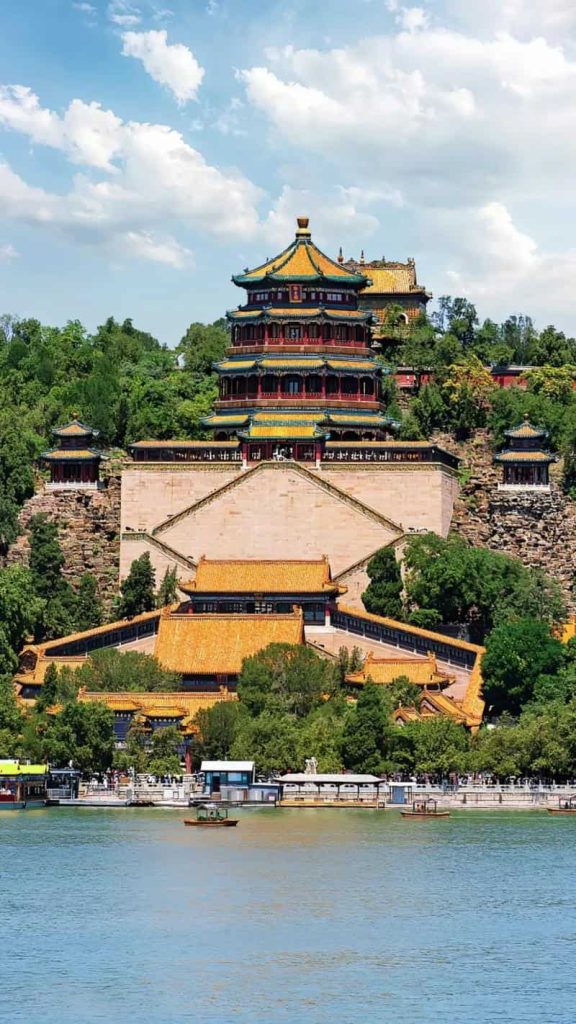 Aerial view of Kunming Lake and Longevity Hill at Beijing's Summer Palace, showcasing classical Chinese garden design