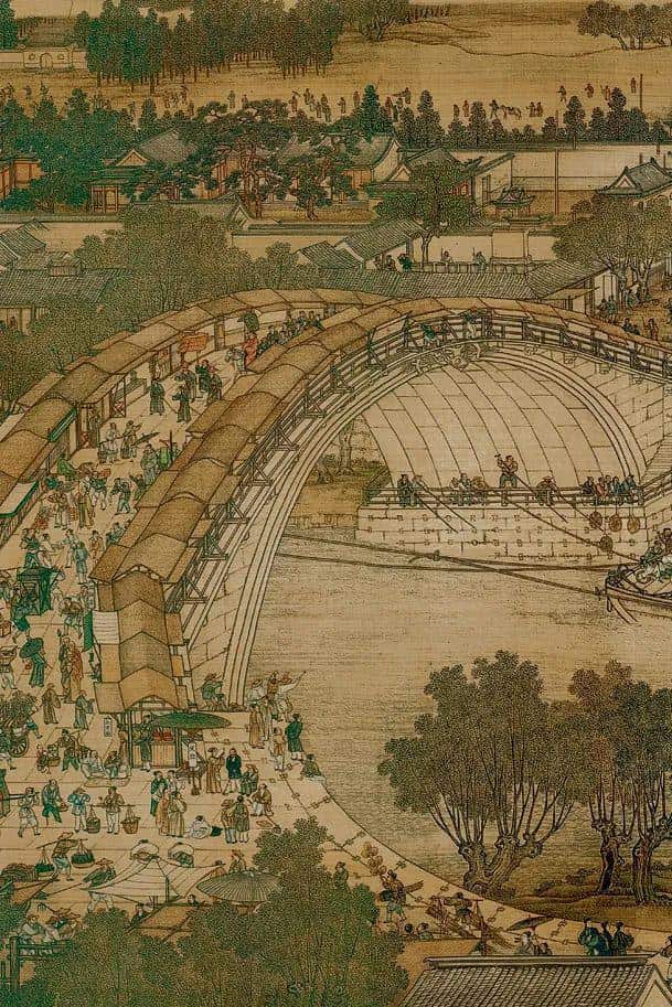 close-up of Rainbow Bridge scene in Qingming Shanghe Tu, wooden arch bridge with crowded boats and bystanders